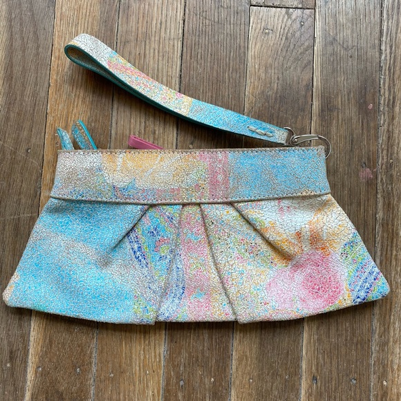 Arden B Cracked Leather Pastel Pink Blue Clutch Distressed Painted Style - Picture 3 of 5